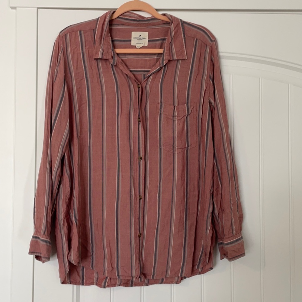 American Eagle Outfitters | Oversized Boyfriend Button Down Shirt | Mauve Stripe